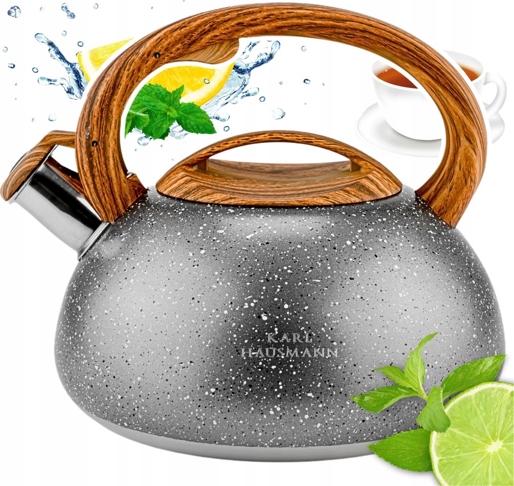 Teás Kanna Gázhoz Szürke Síppal, Tetővel 3L Acél Indukció Ezüst