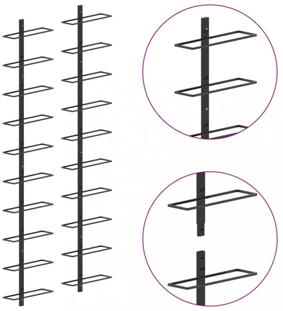 2 db fekete fém falra szerelhető bortartó állvány 20 palacknak