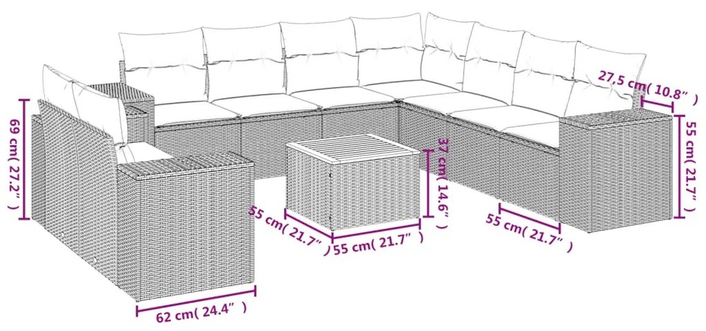 10 részes bézs polyrattan kerti ülőgarnitúra párnával