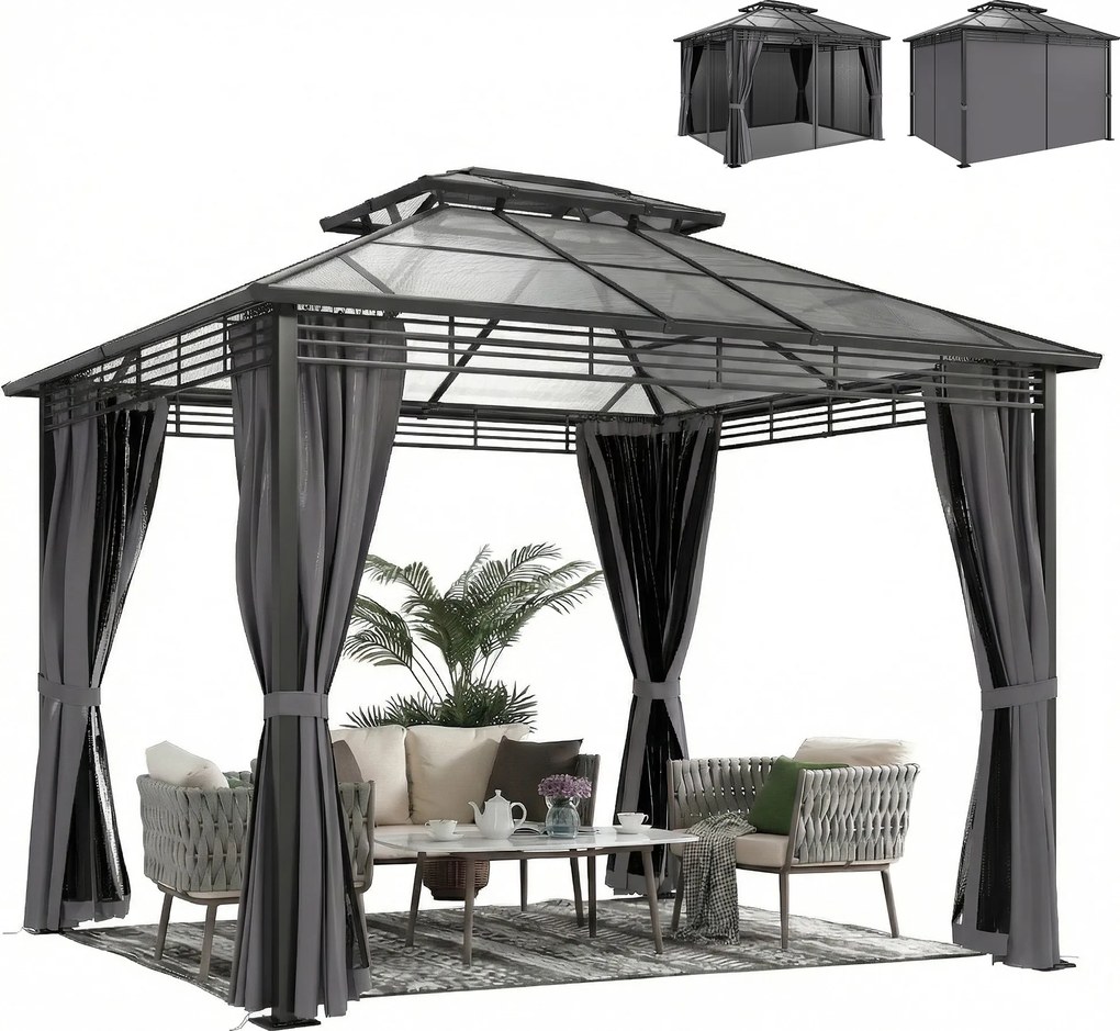 Outsunny kerti pavilon kb. 3,6 x 3 m – alumínium keménytetős pavilon 6 mm-es dupla polikarbonát tetővel, szúnyoghálóval, 4 oldalfüggönnyel, vízleperge