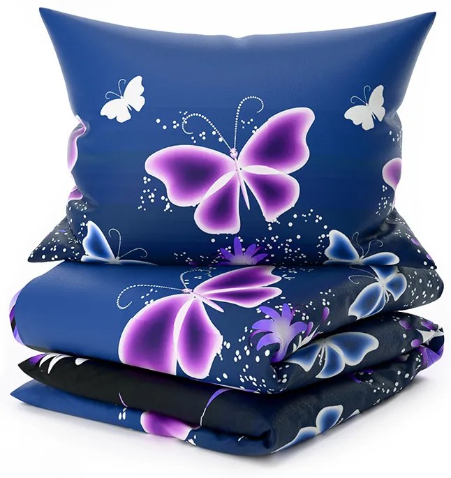 2 db Mikroplüss ágyneműhuzat szett VIOLET BUTTERFLY sötétkék + Mikroplüss lepedő SOFT 180x200 cm fehér, kétszemélyes ágyhoz