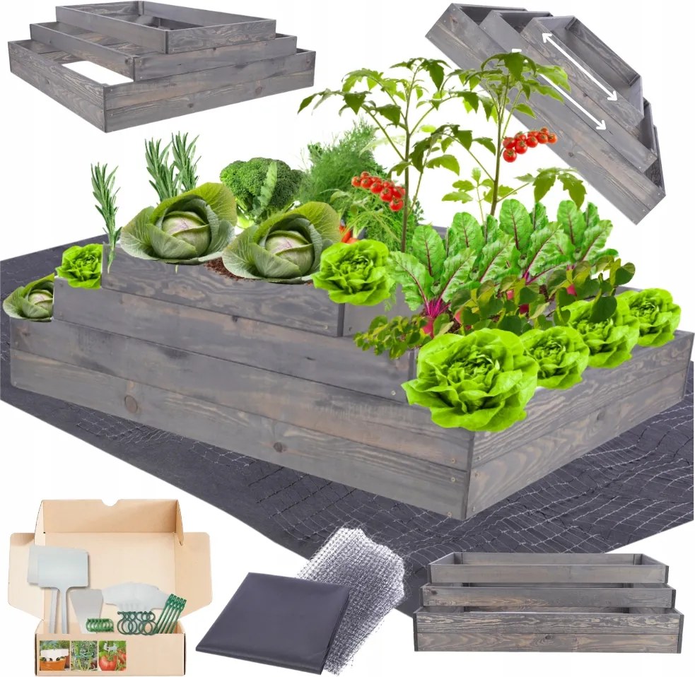 Lépcsőzetes zöldségtartó állítható virágtartó magasított impregnált 36x120x100