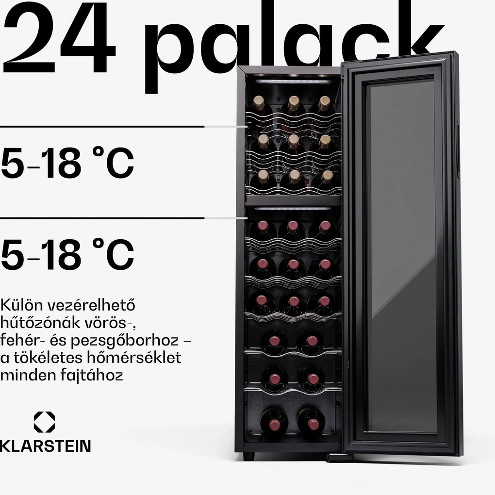 Klarstein Shiraz 24 Duo, borhűtő, 2 zóna, 75 l/24 palack, 5-18 °C, érintésvezérlés