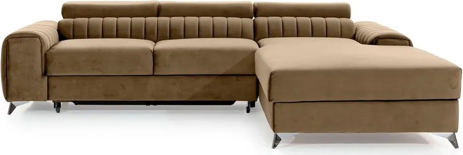 Világosbarna bársony kinyitható-tárolóhelyes sarokkanapé (jobb oldali-heverő résszel) Grayson – ELTAP