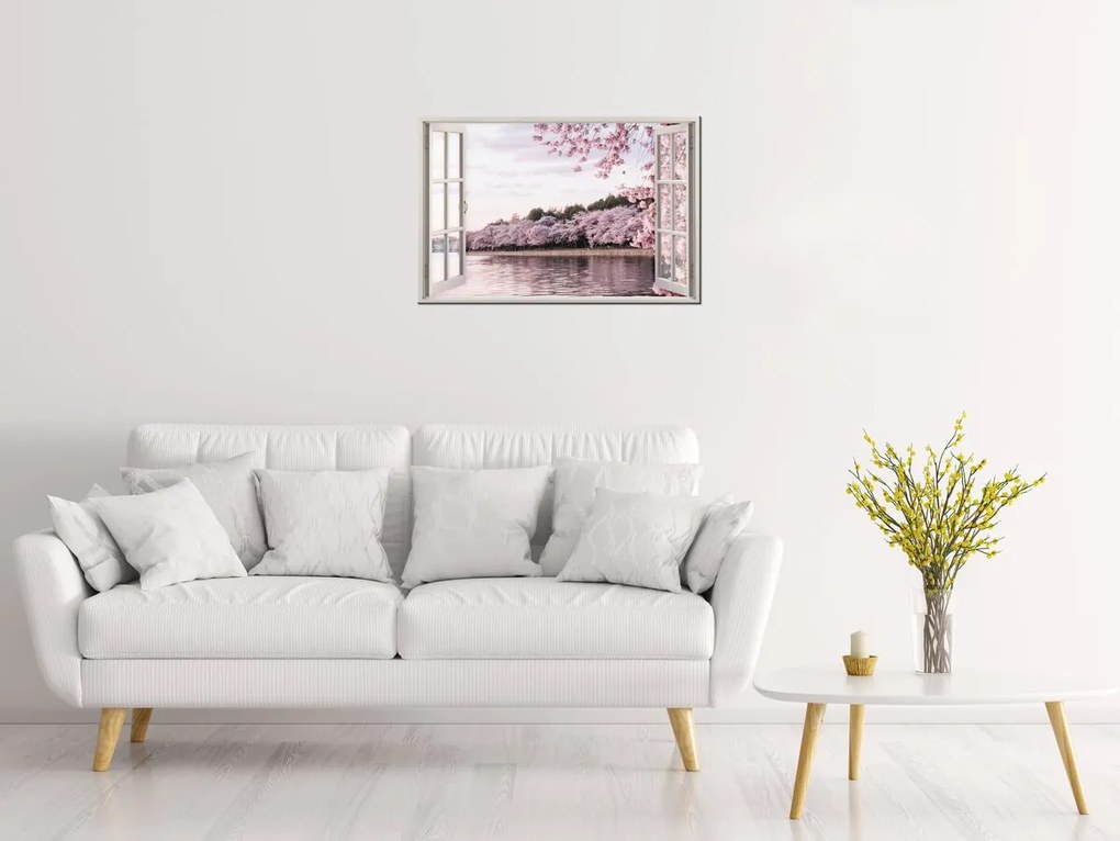 Gario Vászonkép Nyitott ablak Rózsaszín természet Méret: 90 x 60 cm