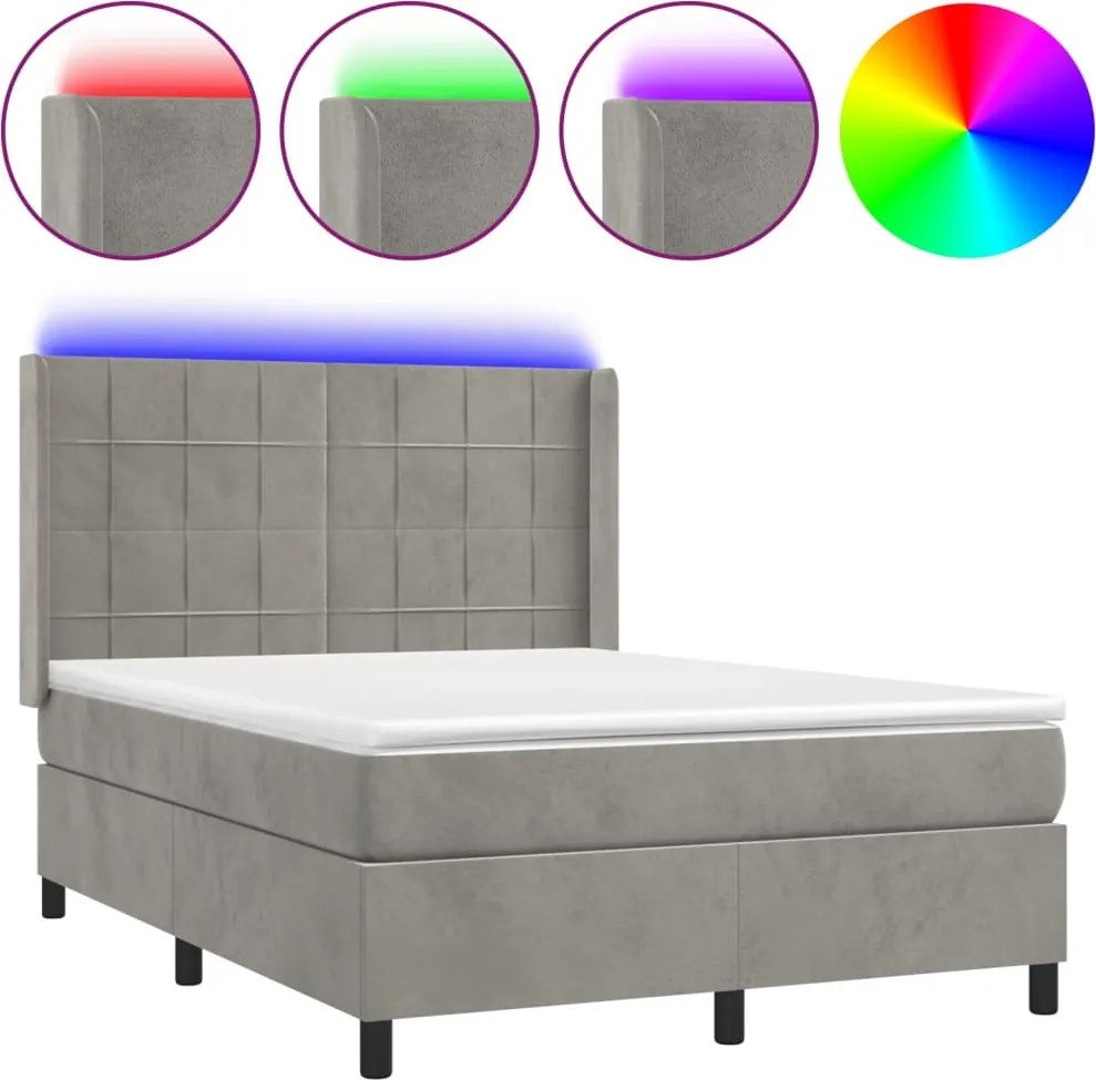 vidaXL világosszürke bársony rugós és LED-es ágy matraccal 140x190 cm