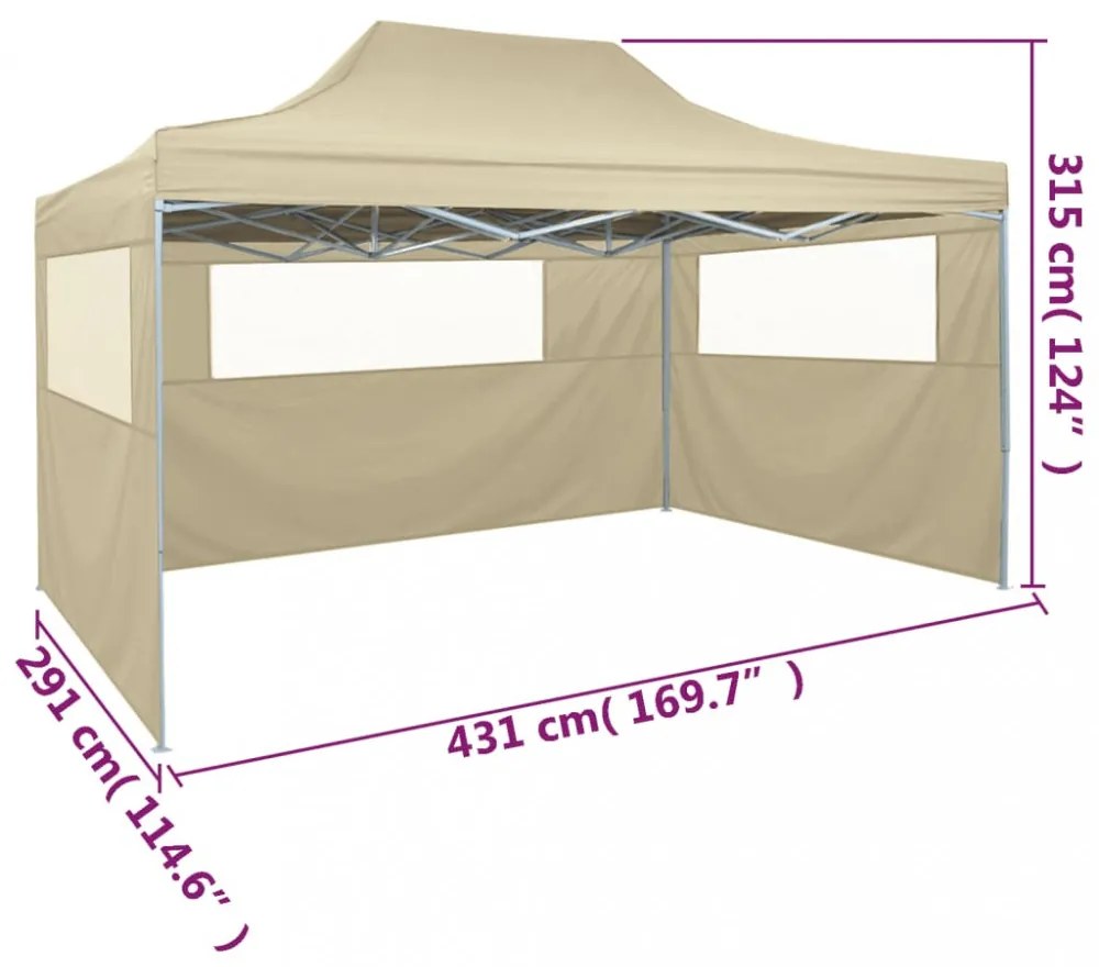 krémszínű összecsukható sátor 3 fallal 3 x 4,5 m