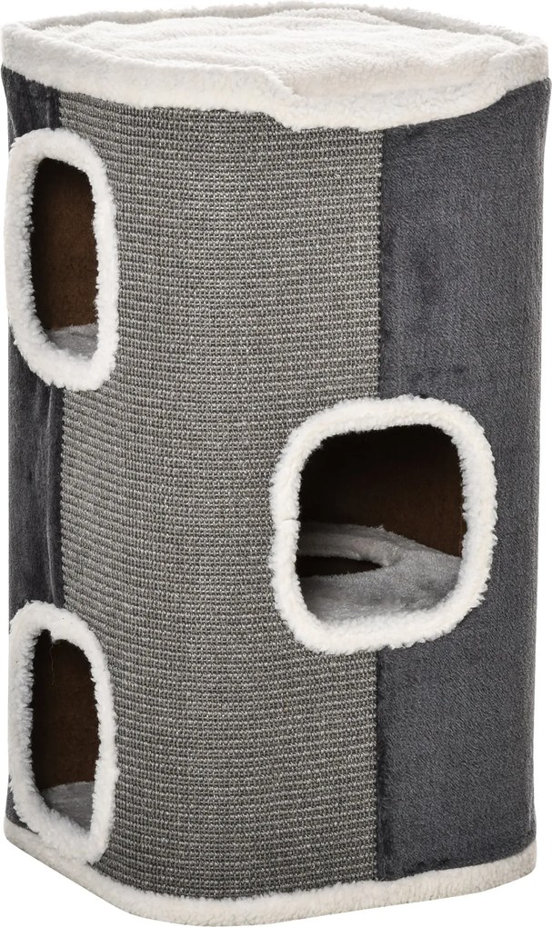 PawHut Kaparó Henger 74 cm Magas háromszintes macska henger párnával, plüss szélekkel, macska búvóhely, kaparófa kis macskáknak, Szürke+Fehér | Aosom