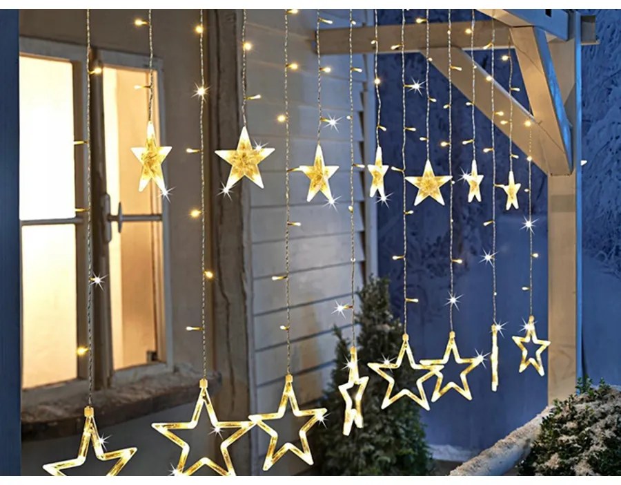 138 LED-es csillag-jégcsap kültéri-beltéri fényfüggöny, meleg fehér, 2,5 méter széles, 8 világítási móddal, VG