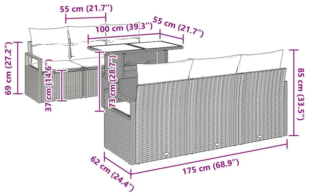 7 részes kerti kanapészett párnákkal, barna poli rattan, 2 személyes kerti kanapé párnákkal, barna poli rattan