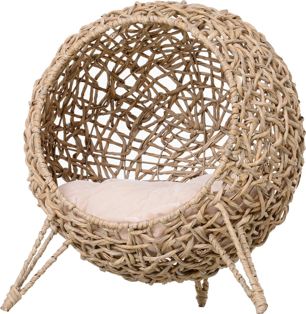 PawHut Rattan Macskaház Párnával - Macska Alvóhely, Macskabarlang Emelt Lábakkal, Természetes Ø52 x 58 cm | Aosom