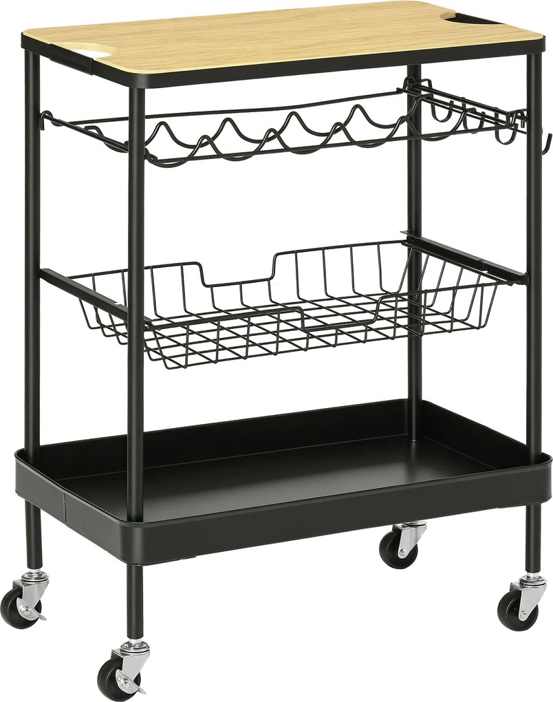 HOMCOM Kerekes Konyhai Kocsi Többfunkciós Tálalókocsi Üveg Tartóval, Levehető Kosárral és 4 Akasztóval Étkezőbe és Nappaliba 60.5x35.5x75 cm Fekete és