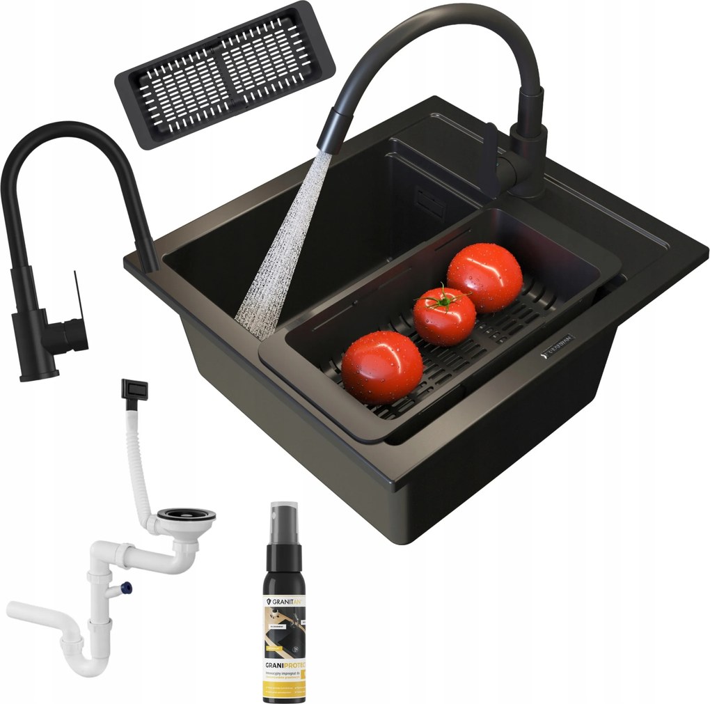 Gránit konyhai mosogató egymedencés Stone M csaptelep szett kosár szifon