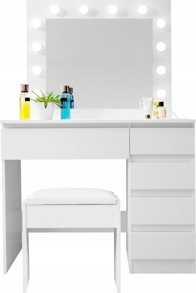 Aga Fésülködőasztal tükörrel és világítással taburett Matt fehér