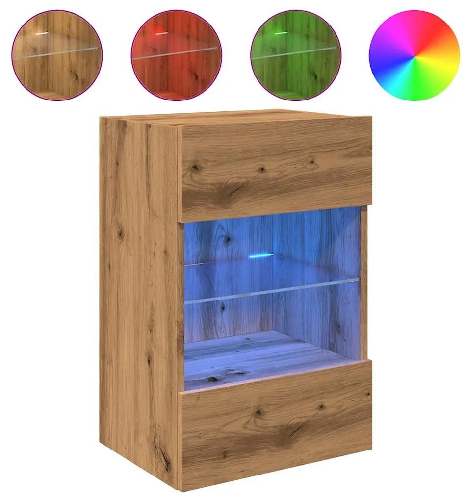 2 db kézműves tölgy színű fali szekrények LED világítással TV-hez 40x30x60,5cm