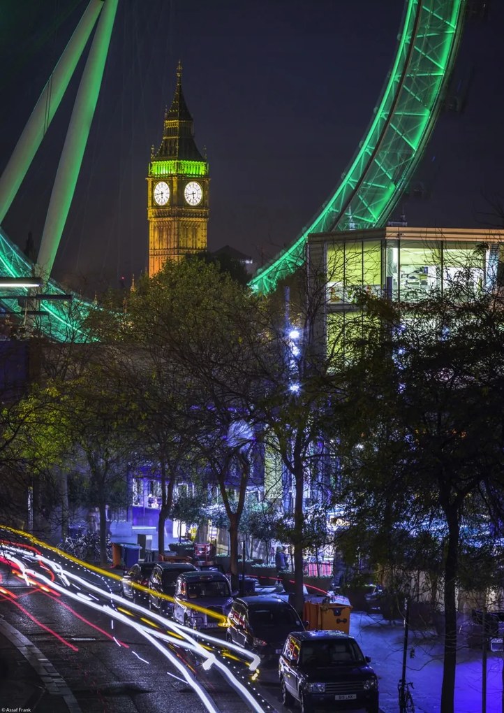 Poszter 29,7x42cm Éjszakai felvétel a londoni utcáról, háttérben az ezredforduló kereke, A