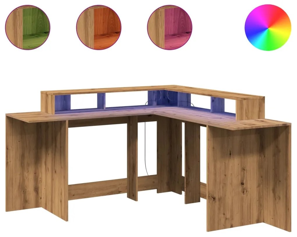 kézműves tölgy színű szerelt fa LED-es íróasztal 152x152x91 cm