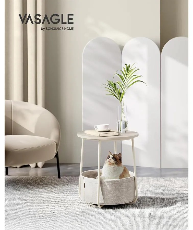 Kerek asztal, kis dohányzóasztal szövetkosárral, krémfehér