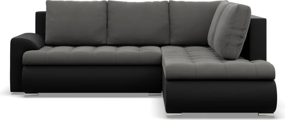 Tokio sarokkanapé, L alakú háttámlával, 2 ágyneműtartóval, bársony + műbőr, jobboldali, szürke - fekete