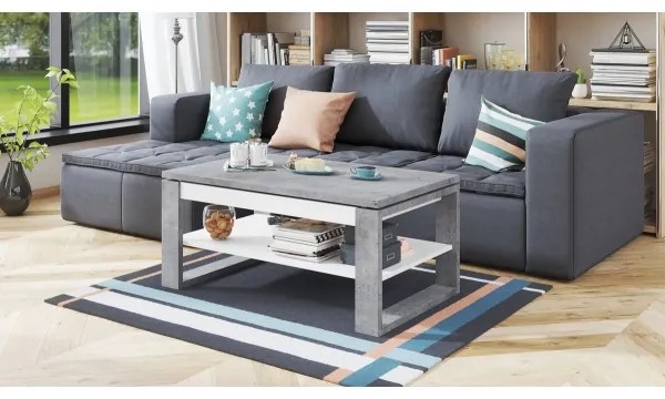 NEA dohányzóasztal emelhető asztallappal és polccal, beton szürke/fehér