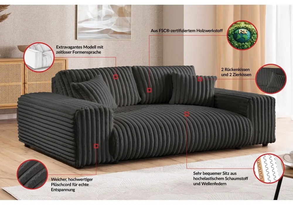 Sötétszürke kordbársony kanapé 213 cm Justin – Ropez