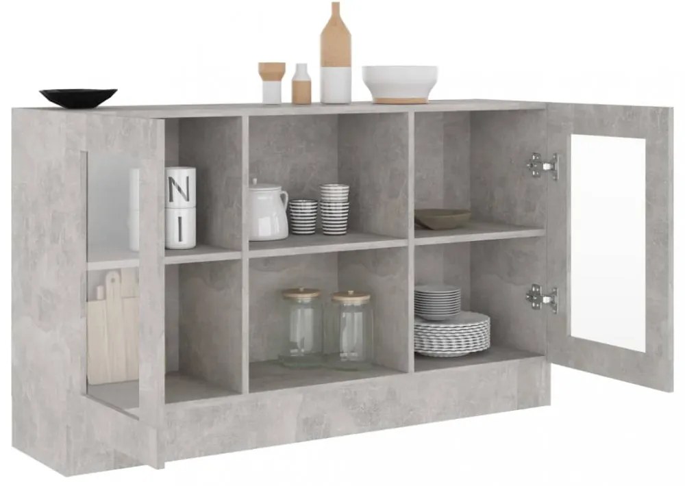 betonszürke szerelt fa vitrinszekrény 120 x 30,5 x 70 cm