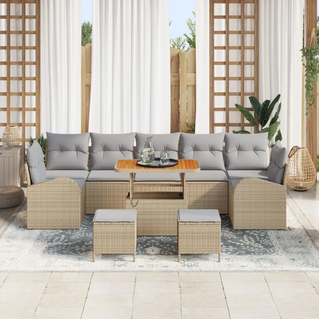 10 darabos Kerti Kanapé Szett Párnákkal Bézs Poly Rattan Akácia, 2 fős Kerti Kanapé Párnákkal Bézs Poly Rattan, 3 darabos Kerti Étkező Szett Párnákkal Bézs Poly Rattan Akácia