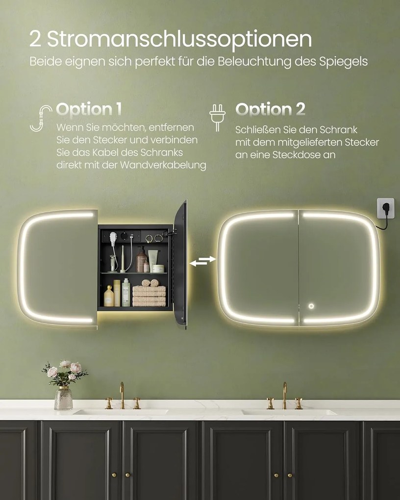 Tükörszekrény világítással, Fali szekrény, AC csatlakozóval és 2 USB porttal, fekete Outlet