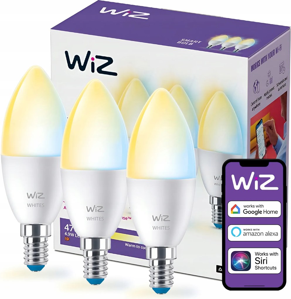 3x Led izzó E14 Gyertya 4,9W 40W 2200-6500K Smart WiFi WiZ alkalmazás