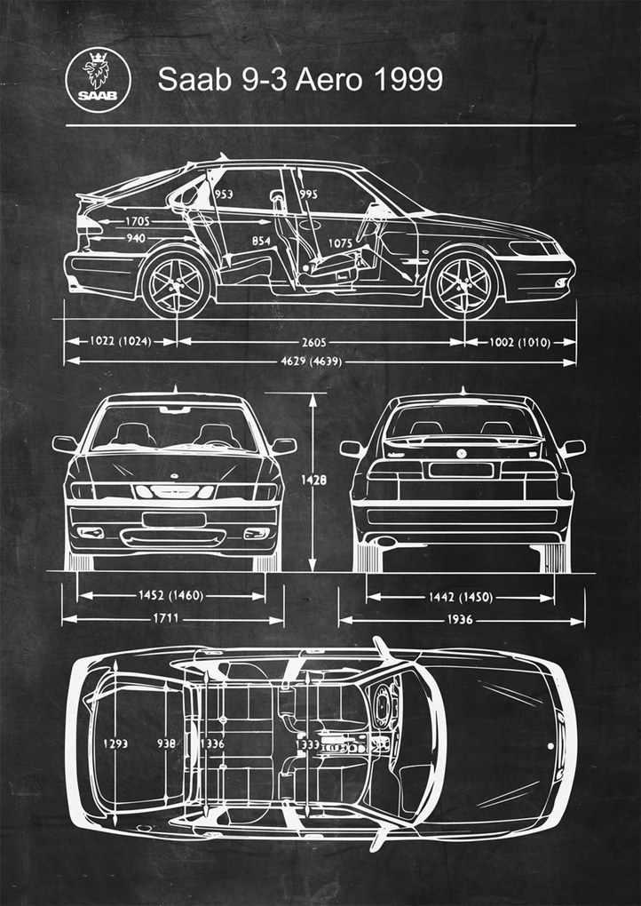 Poszter Saab 9-3 Aero 1999 Patent Séma Blueprint Poster