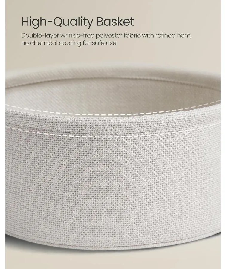 Kerek asztal, kis dohányzóasztal szövetkosárral, krémfehér