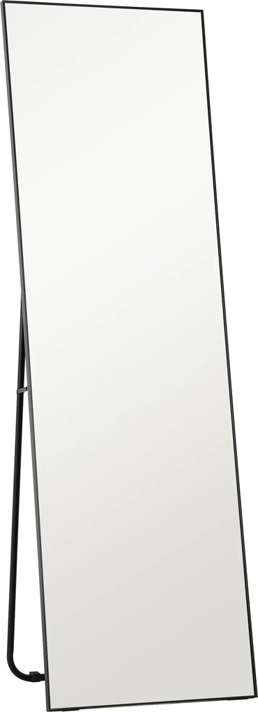 HOMCOM Modern Fényes Álló Tükör, 40x150 cm Téglalap Alakú Falra Szerelhető és Szabadon Álló Tükör Kerettel, Kampókkal és Állvánnyal, Fekete | Aosom
