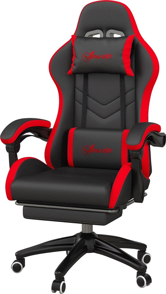 Vinsetto Ergonomikus Gamer Szék PU Bőrrel és Acélvázzal, Fejtámasszal és Állítható Magassággal, Dönthető Háttámlával és Lumbális Párnával, 65x65x121-1