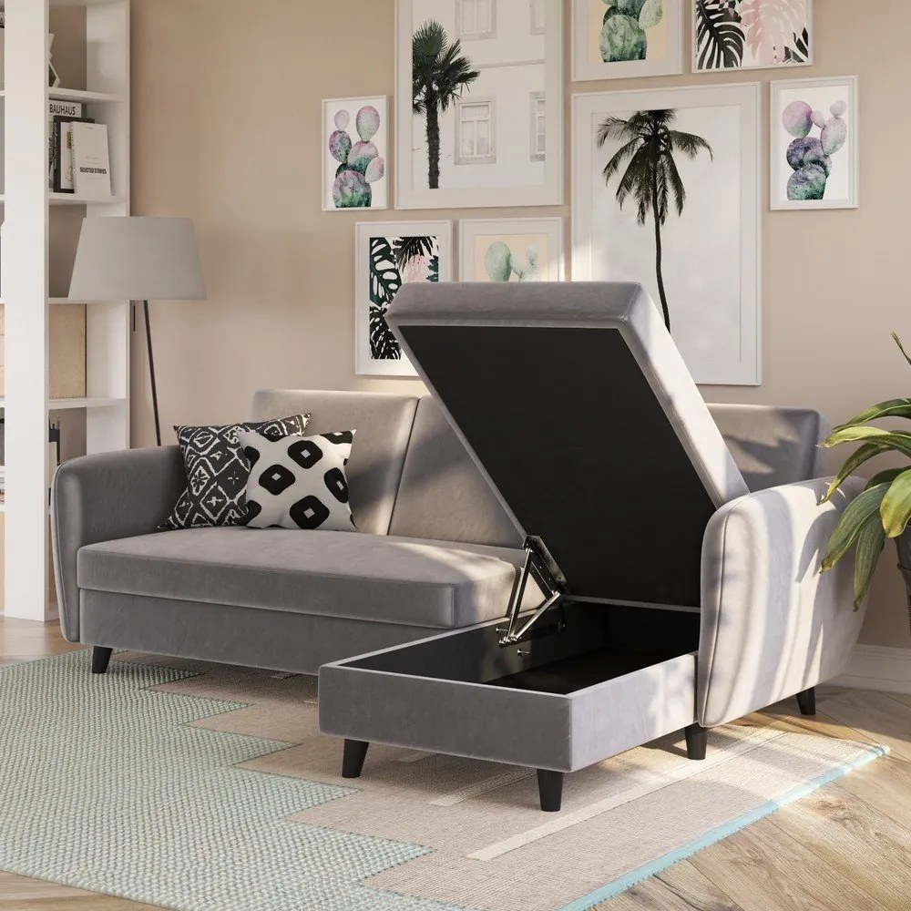 Szürke bársony kinyitható sarokkanapé Perry – Støraa