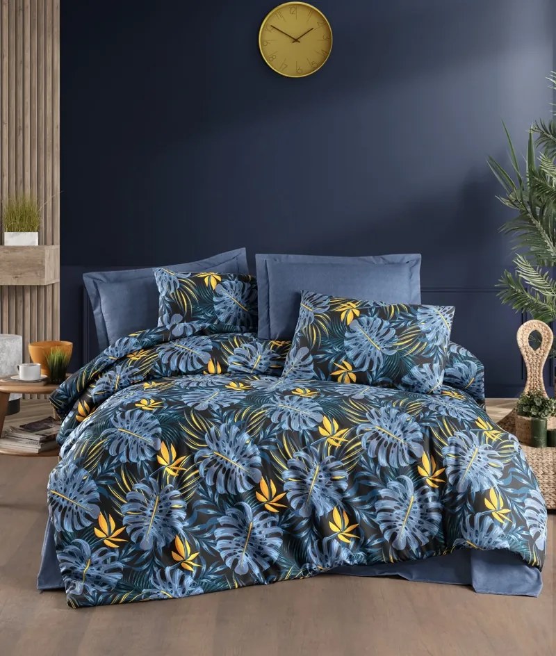 Pamut lepedők Monestera kék TiaHome - 1x Párna 90x70cm, 1x Paplan 140x200cm