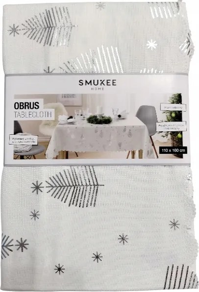 Fehér karácsonyi abrosz ezüst karácsonyfákkal Smukee 110x160 foltálló