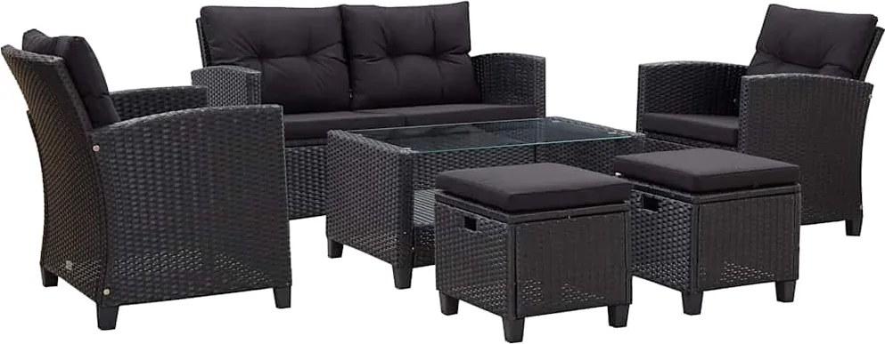 vidaXL 6 részes fekete polyrattan kerti ülőgarnitúra párnákkal