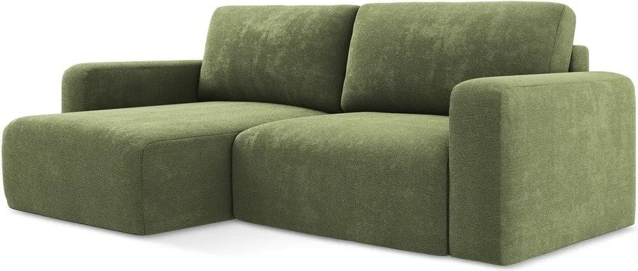 Zöld zsenília kinyitható-tárolóhelyes sarokkanapé (bal oldali-heverő résszel) Kona – Makamii