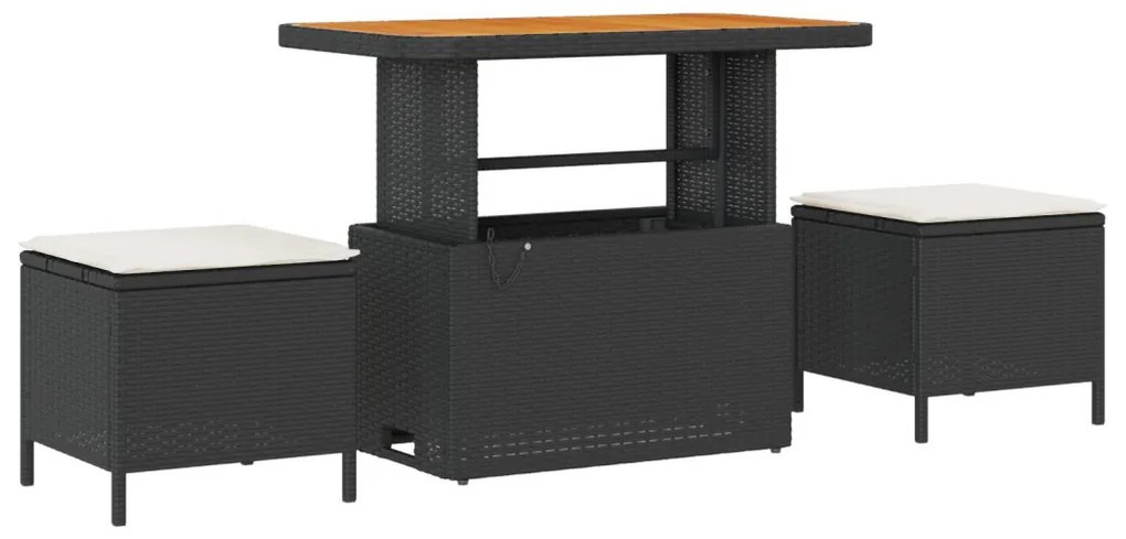 13 darabos kerti kanapé szett párnákkal, fekete poli rattan akácia, 2-fős kerti kanapé párnákkal, fekete poli rattan, 3 darabos kerti étkező szett párnákkal, fekete poli rattan akácia