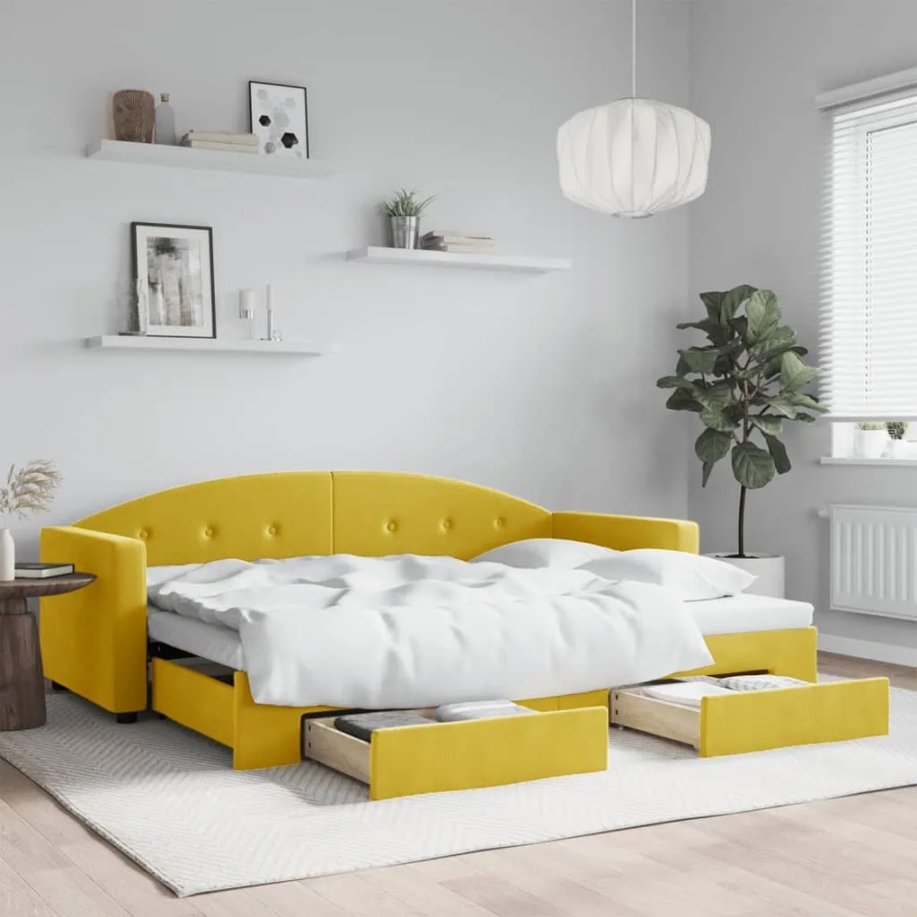 sárga kihúzható bársony heverő fiókkal 80 x 200 cm