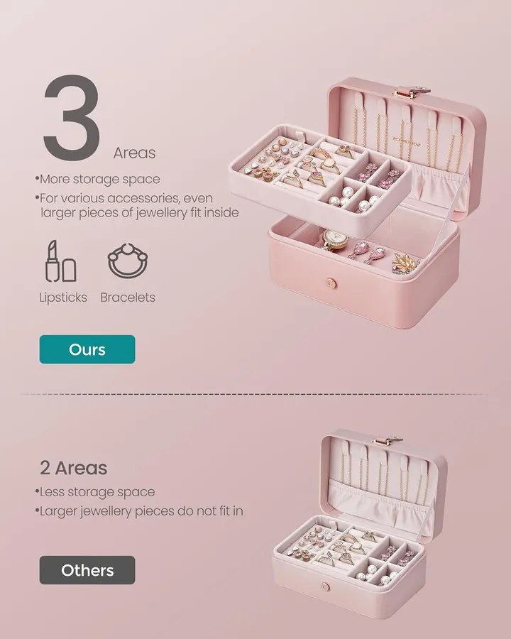 Ékszerdoboz, 2 szintes tároló, 11 x 16 x 8 cm, rózsaszín