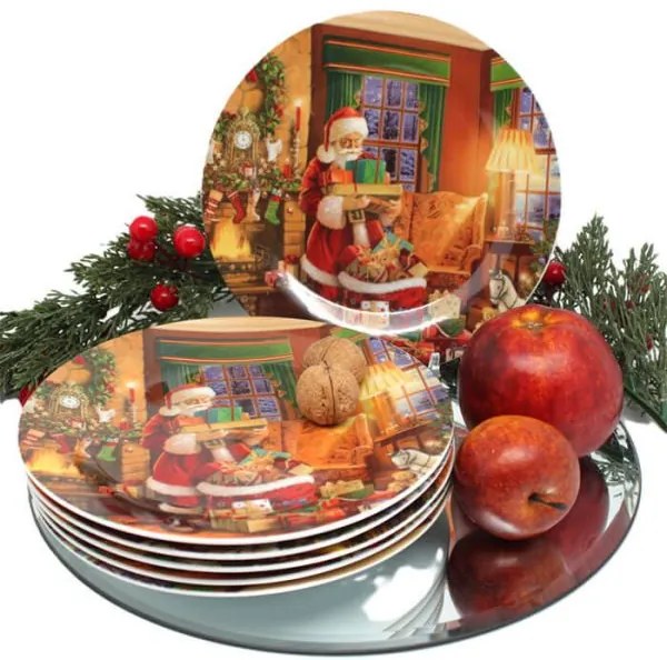 Karácsonyi porcelán lapostányér készlet 27 cm- 6 személyes - Télapós