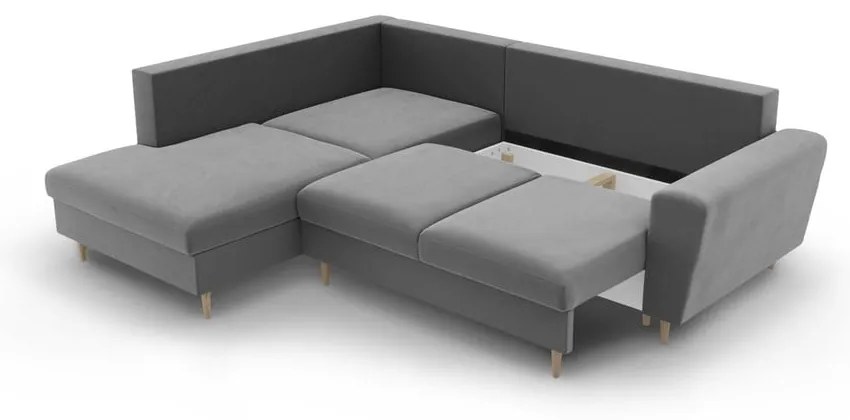 Világosszürke bársony kinyitható tárolóhelyes sarokkanapé (bal oldali-L alakú) Kyoto – Cosmopolitan Design