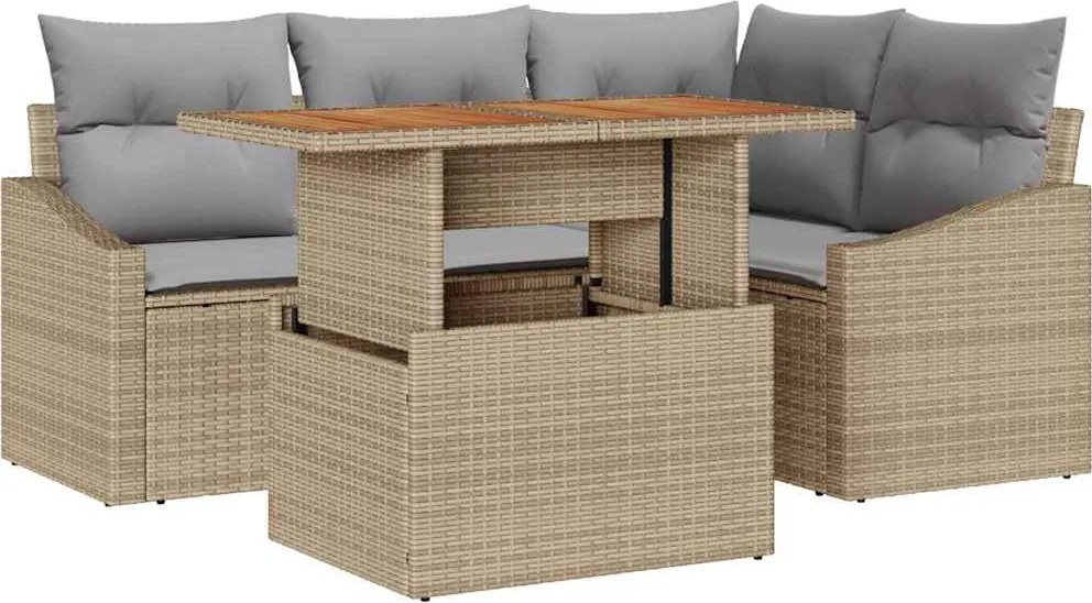 vidaXL Kerti Kanapé Szett tárolóval 5 pcs Bézs Poli rattan