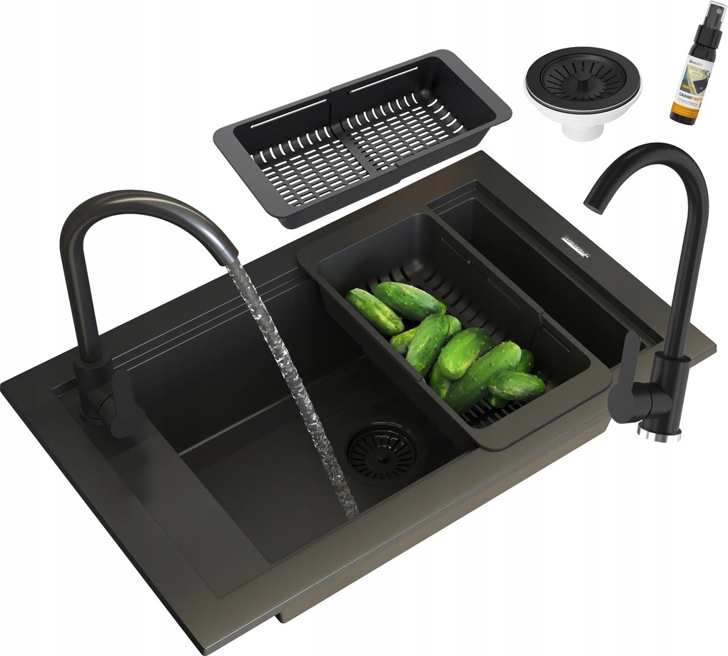 Egymedencés Mosogató Szett Fekete Csaptelep Szifon Kosár Panama Deszka