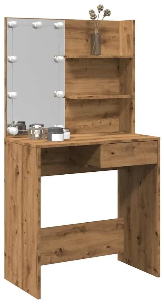 kézműves tölgy színű LED-es fésülködőasztal 74,5x40x141 cm