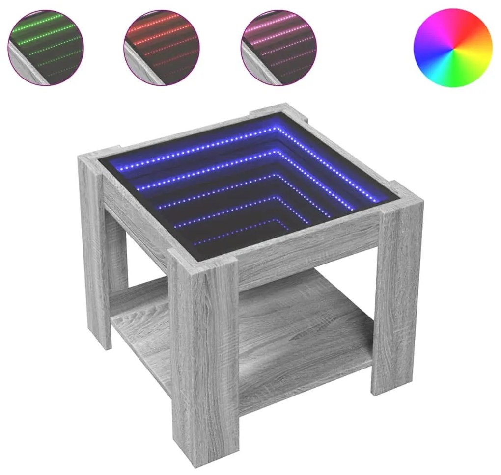 Szürke sonoma szerelt fa dohányzóasztal LED-del 53 x 53 x 45 cm