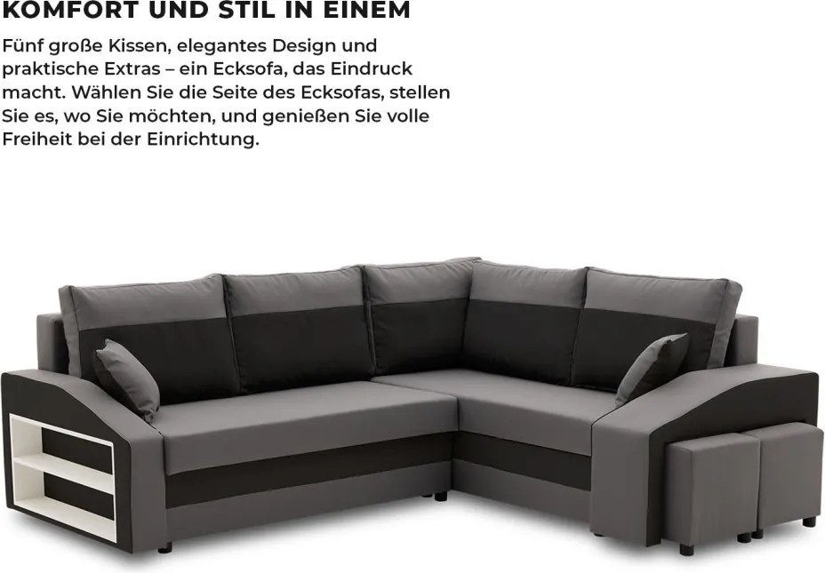 Grande sarokkanapé polcokkal és puffokkal , polc a bal karfaban puffok a jobb karfaban, jobboldali, szövet anyag, bonell töltet, szürke - fekete