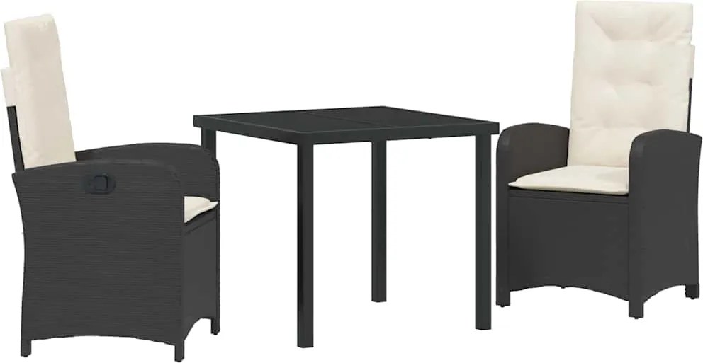 vidaXL Kert étkező szett párnával 3 pcs Fekete polirattan