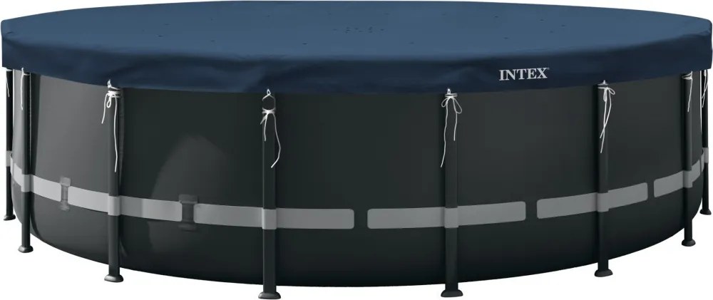 Kerek medencetakaró, Intex Deluxe négyévszakos, csővázas medencéhez, 732 cm átmérő, sötétkék, UV-álló háromrétegű anyag, 20 cm-es túlnyúlással, köteles rögzítéssel (28091)